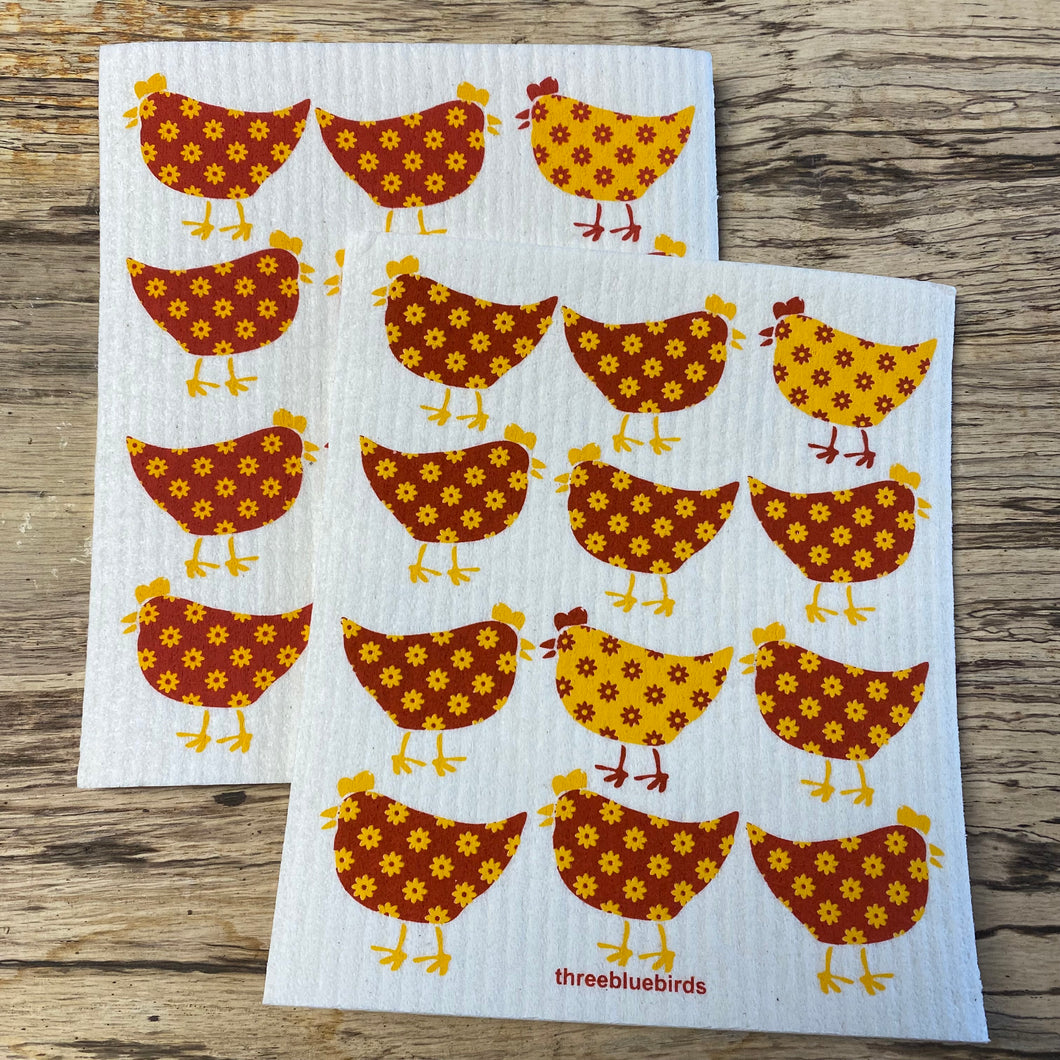 Swedish Dish Towel - Yellow and Red Chickens Set of 2