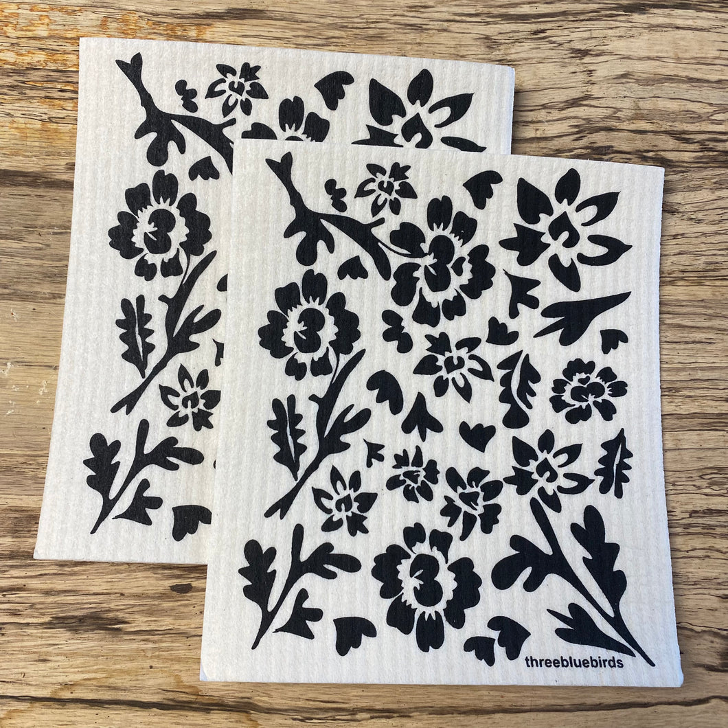 Swedish Dish Towel - Black Floral Set of 2